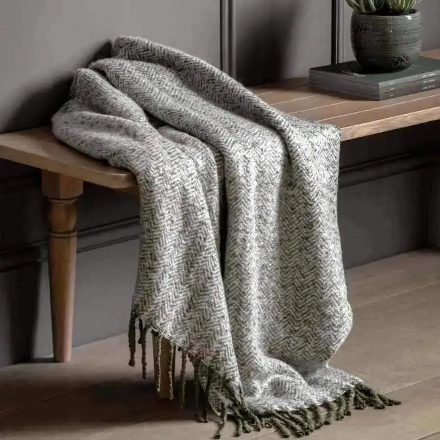 Green Herringbone Faux Mohair Throw - The Farthing