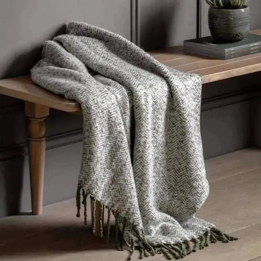 Green Herringbone Faux Mohair Throw - The Farthing