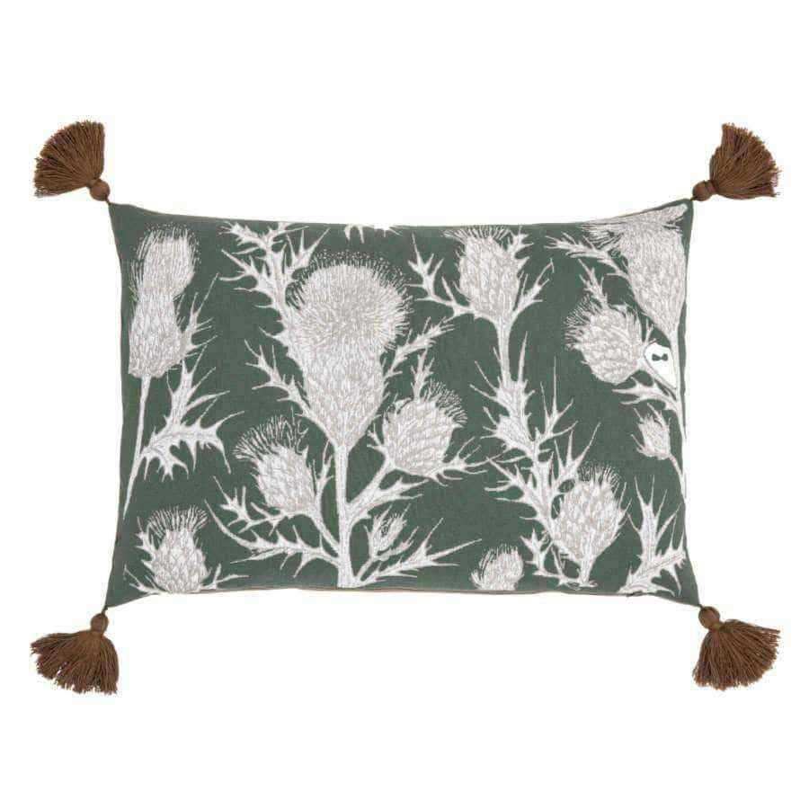 Green Rectangular Thistle Cushion Cover with Tassels - The Farthing