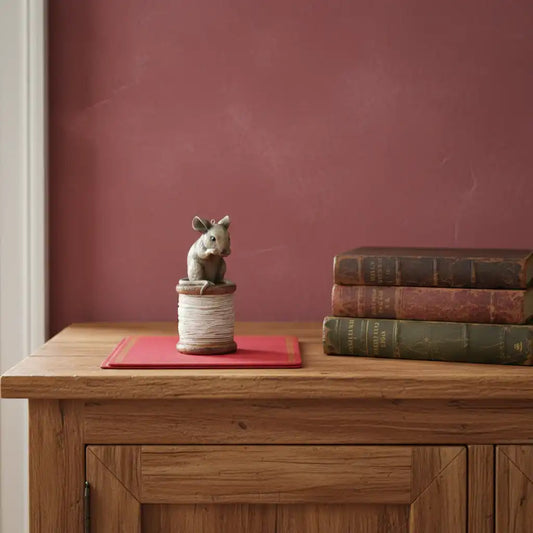 Wooden table with a decorative mouse figure and stack of books against a red wall.