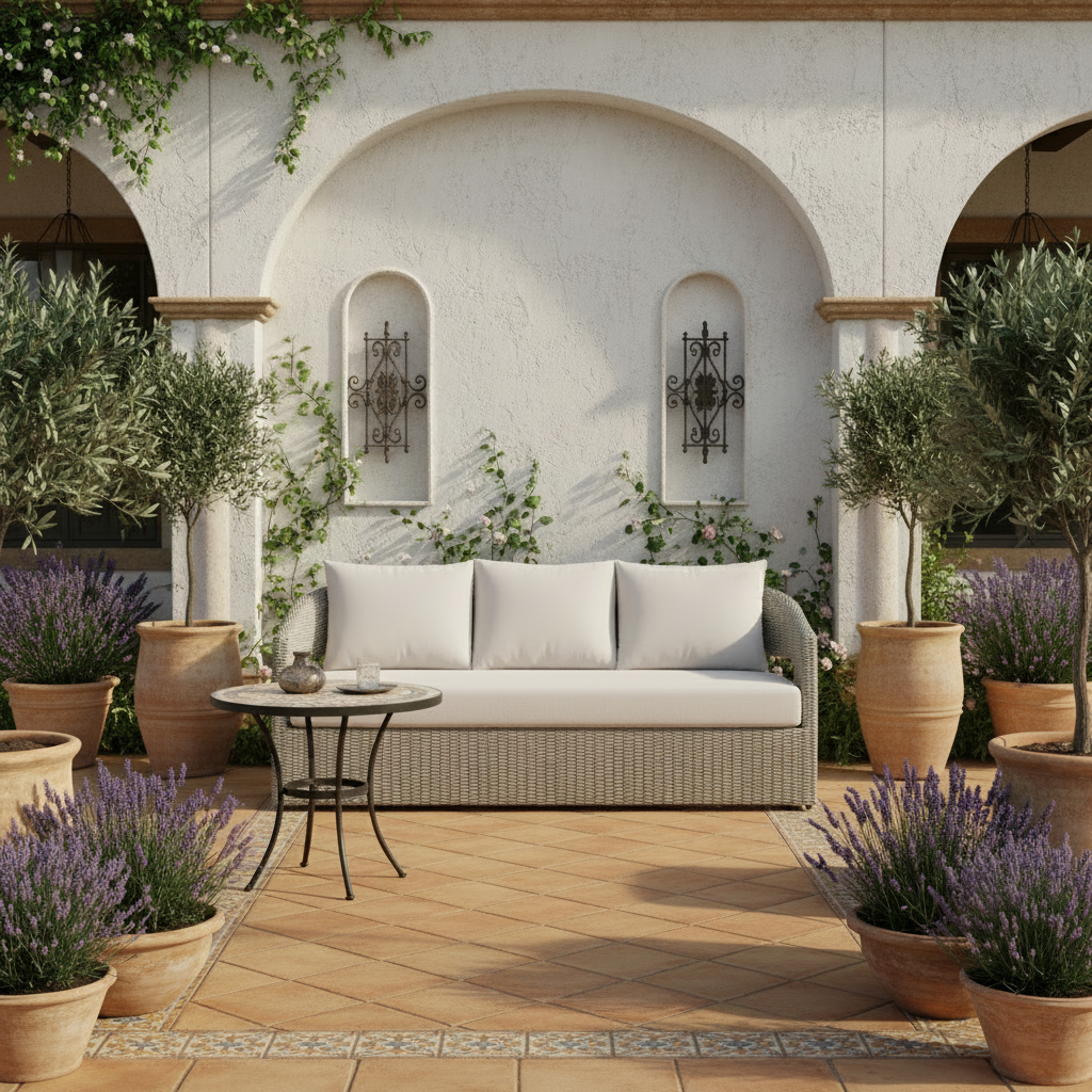 Outdoor patio with a gray sofa, chairs, and potted plants on a sunny day.