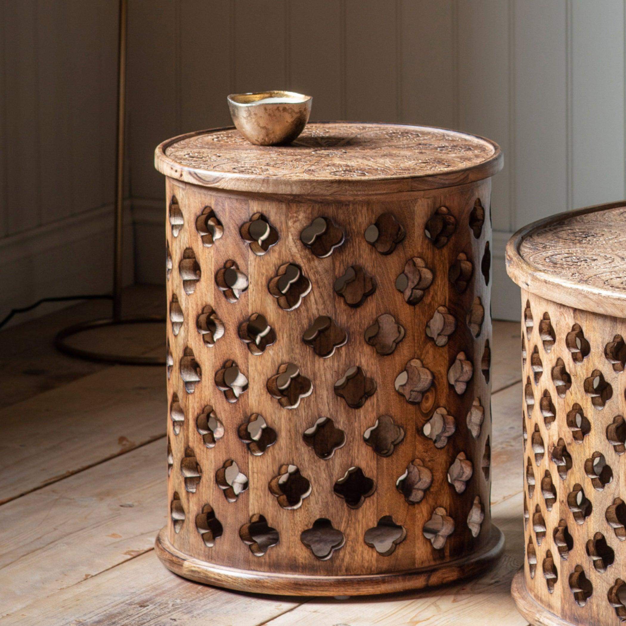 Hand Carved Wooden Drum Side Table - The Farthing