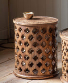 Hand Carved Wooden Drum Side Table - The Farthing