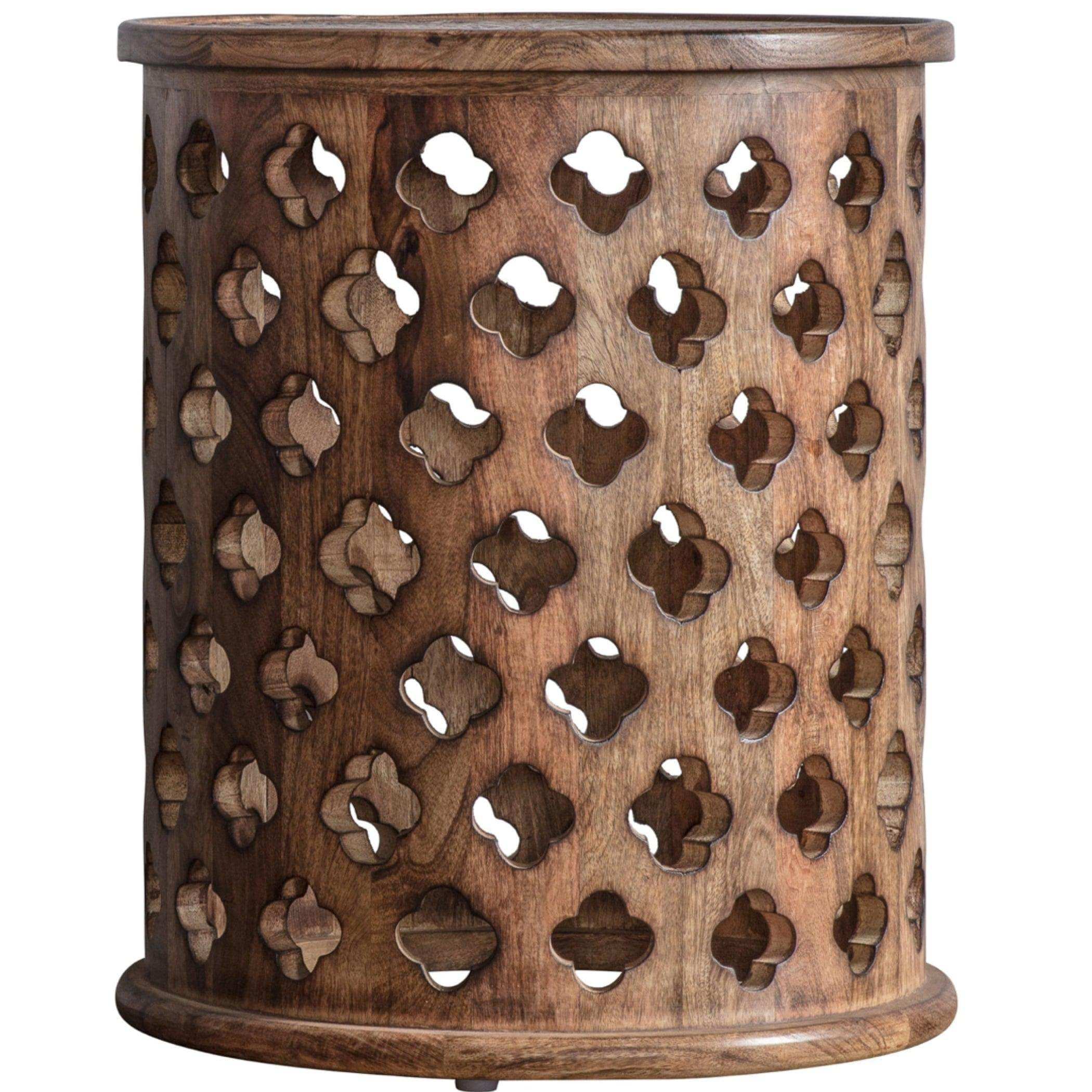 Hand Carved Wooden Drum Side Table - The Farthing