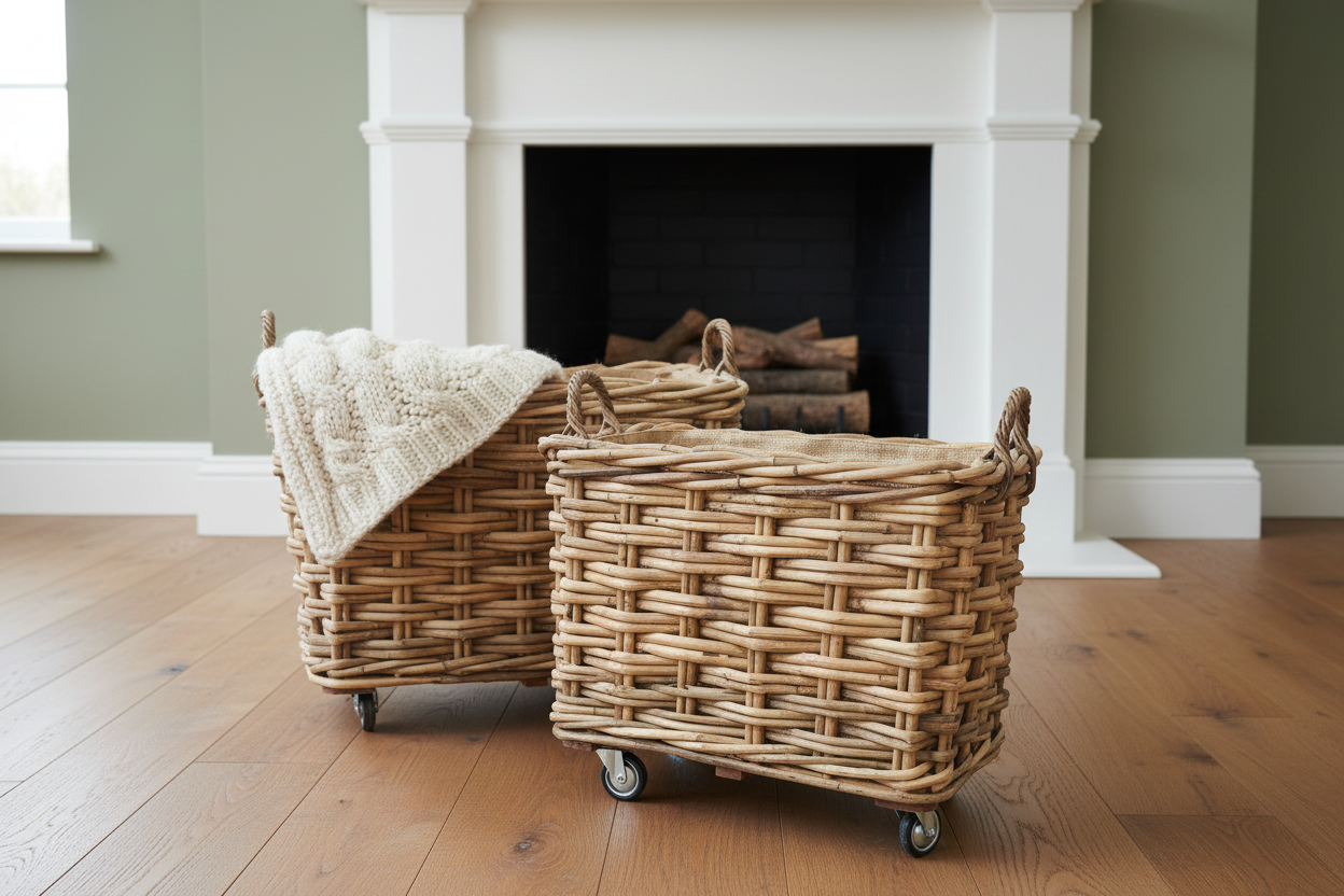 Two wicker baskets with wheels on a wooden floor in front of a fireplace.