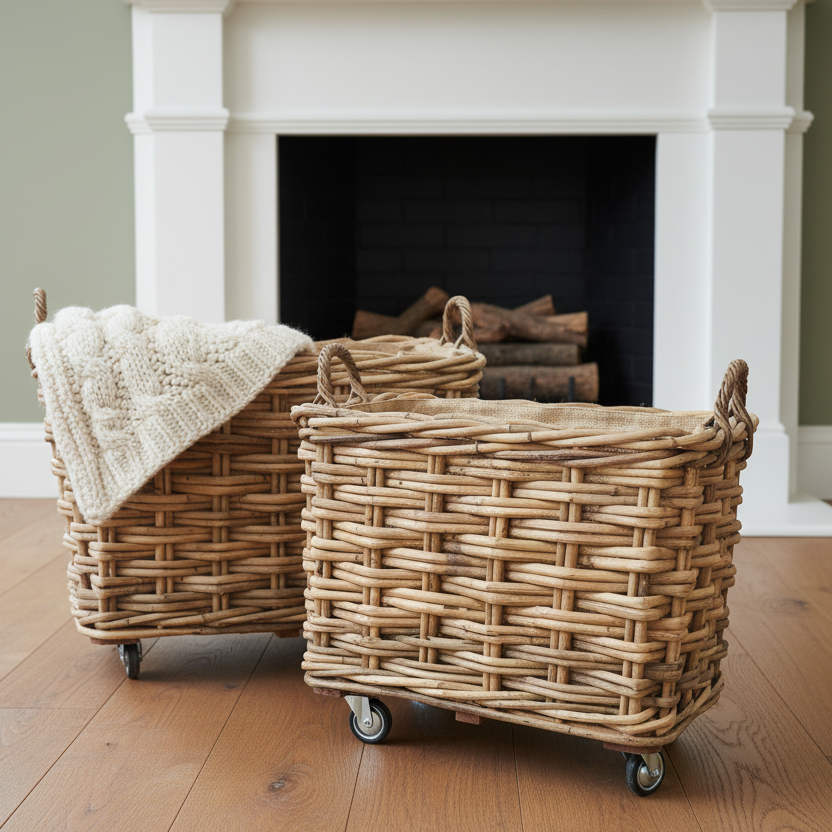 Two wicker baskets with wheels in front of a fireplace.