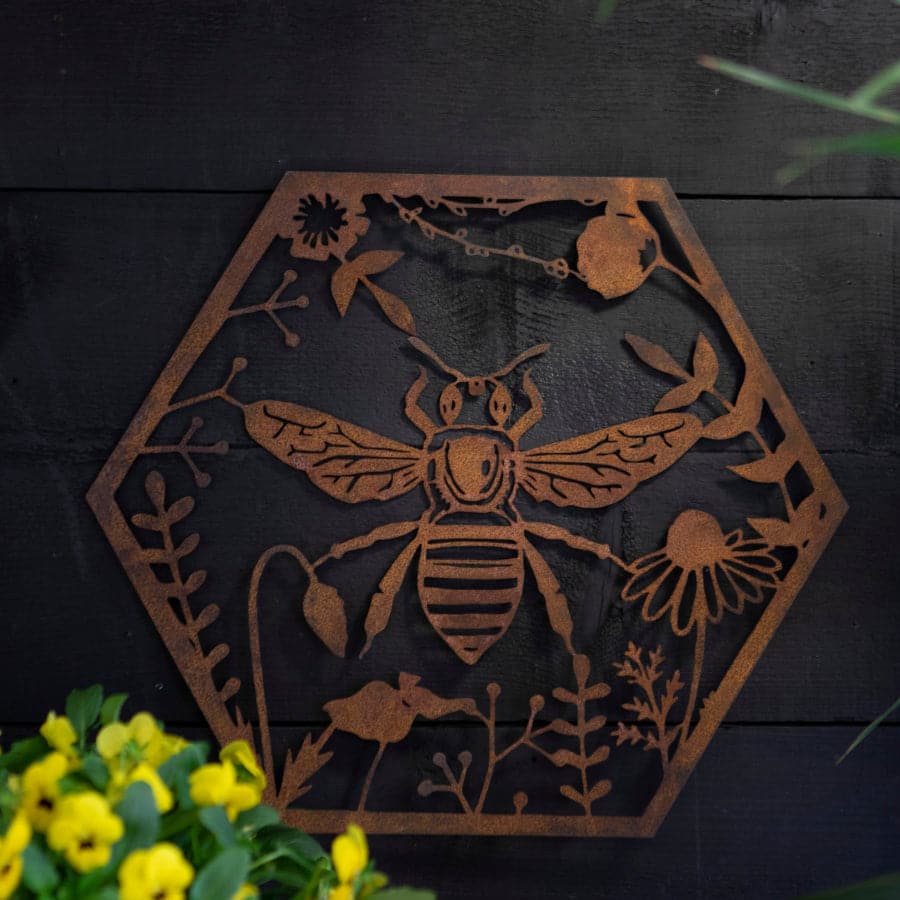 Hexagonal Rustic Honey Bee Metal Garden Wall Art - The Farthing