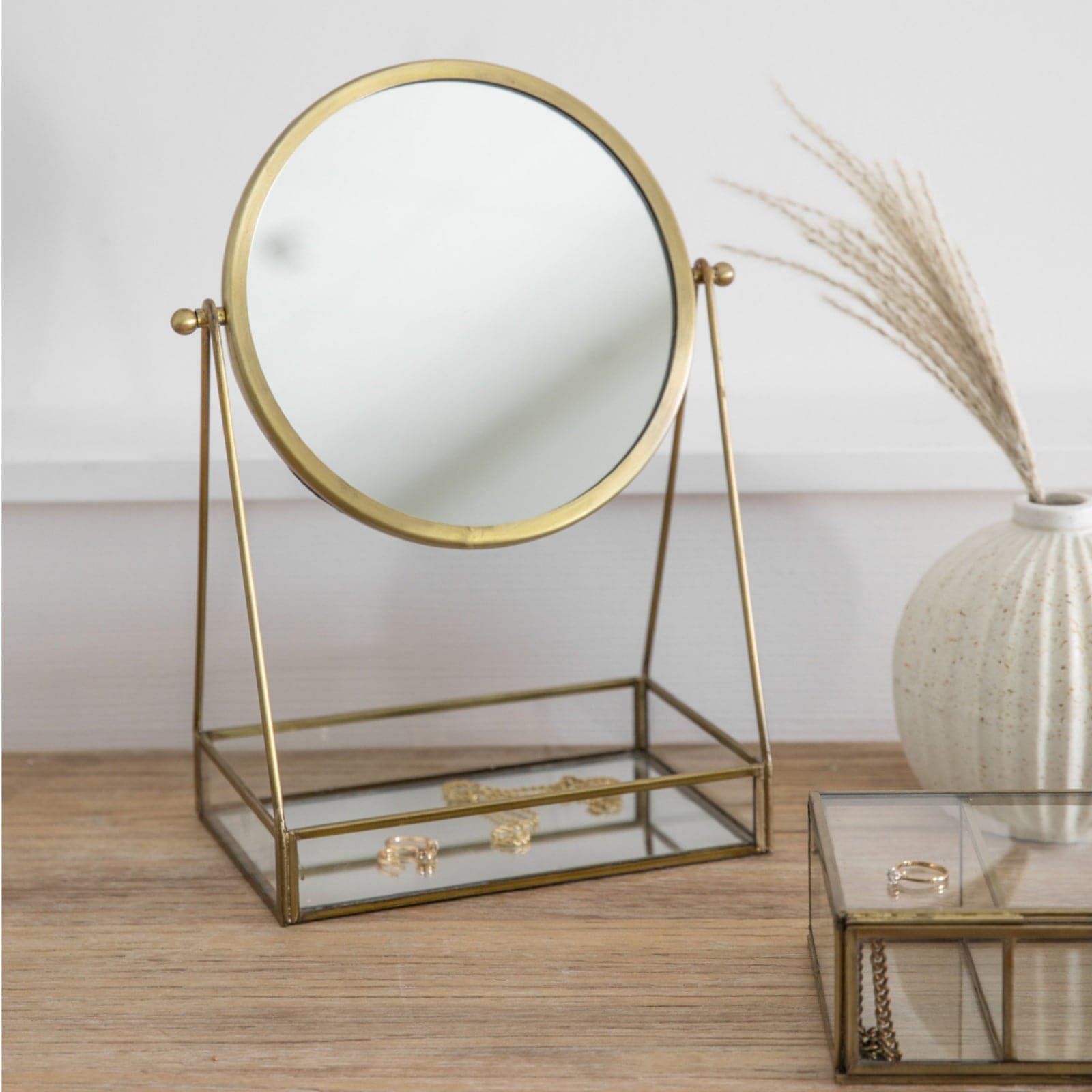 Industrial Antique Brass Desk Mirror with Glass Storage Tray - The Farthing