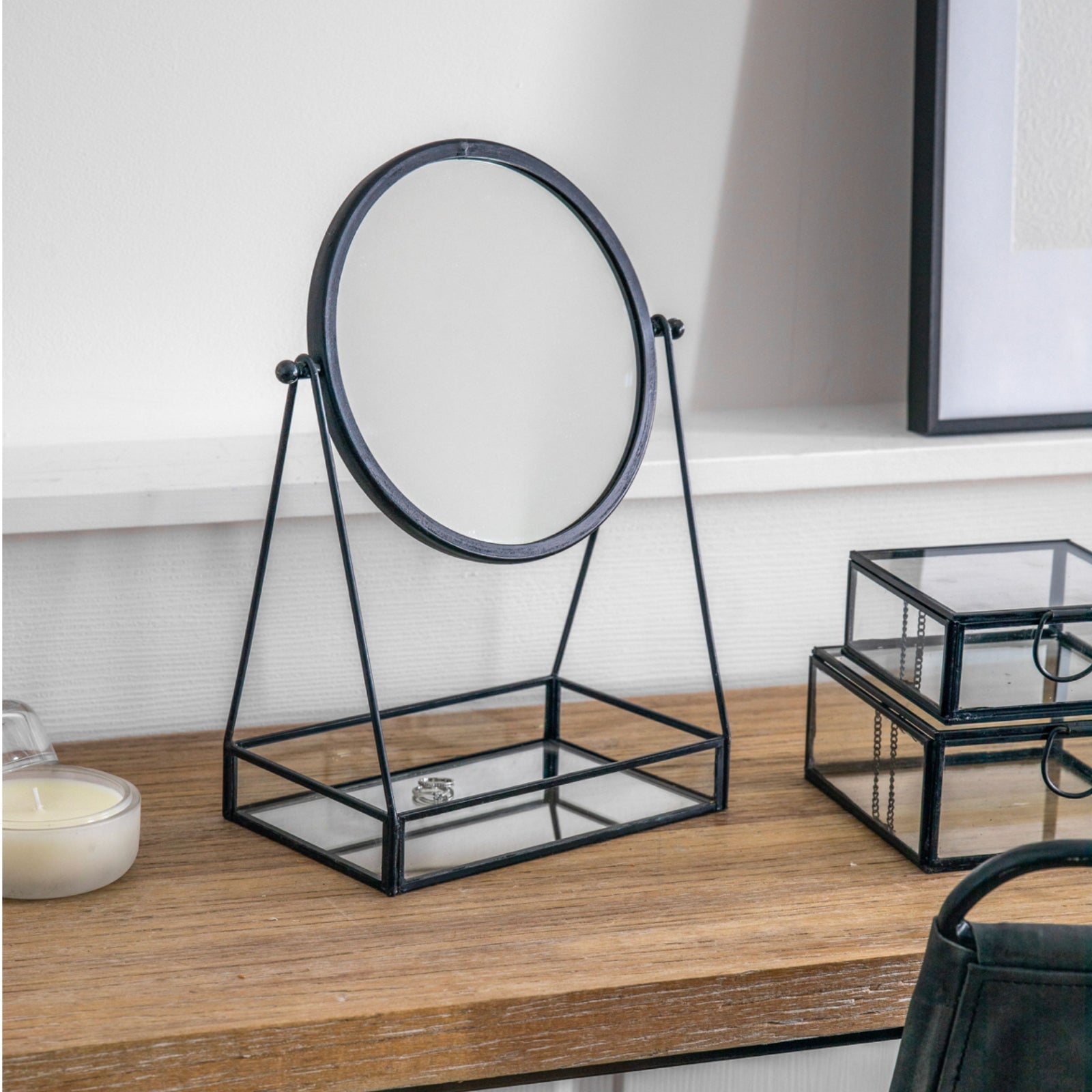 Industrial Black Desk Mirror with Glass Storage Tray - The Farthing