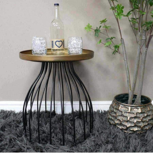 Industrial Cage Base Round Gold Topped Side Table - The Farthing