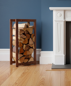 Wooden firewood rack against a blue wall with a white fireplace.