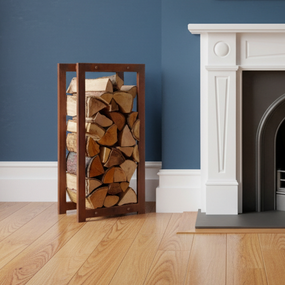 Wooden firewood rack against a blue wall with a white fireplace.
