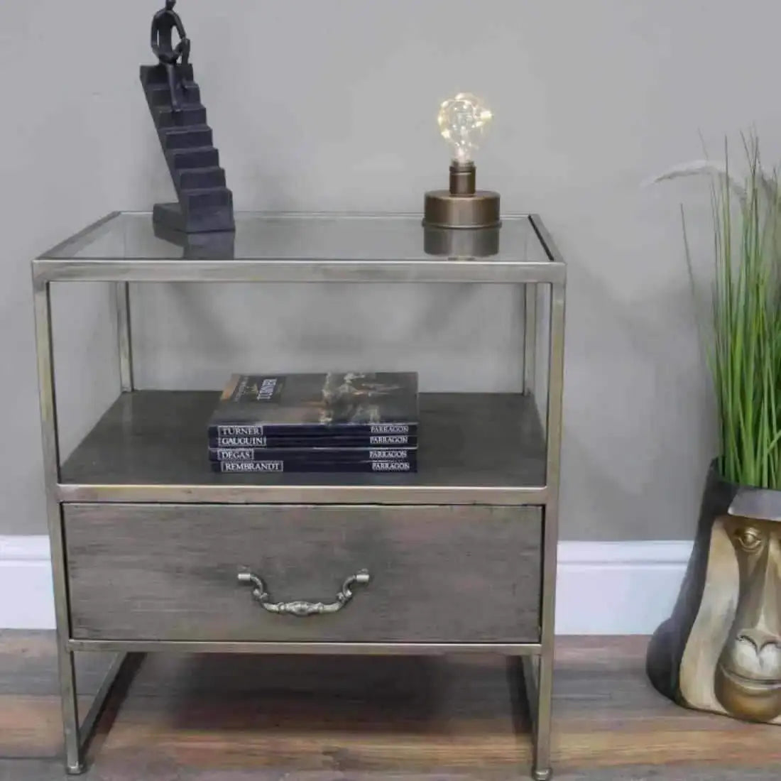 Industrial Inspired Side Table with Glass Top - The Farthing
