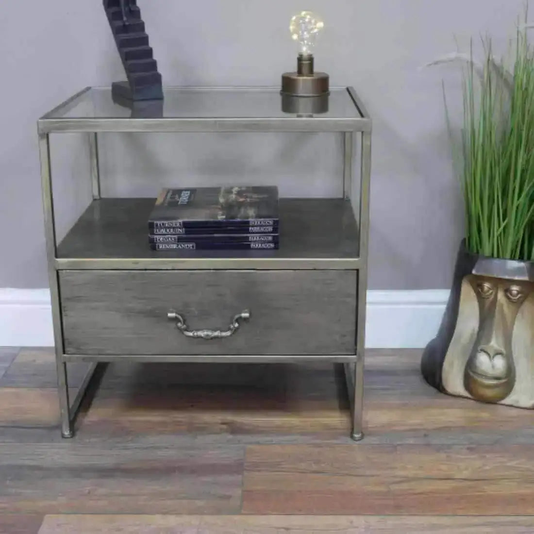 Industrial Inspired Side Table with Glass Top - The Farthing