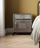 Metal nightstand with two drawers in a bedroom setting