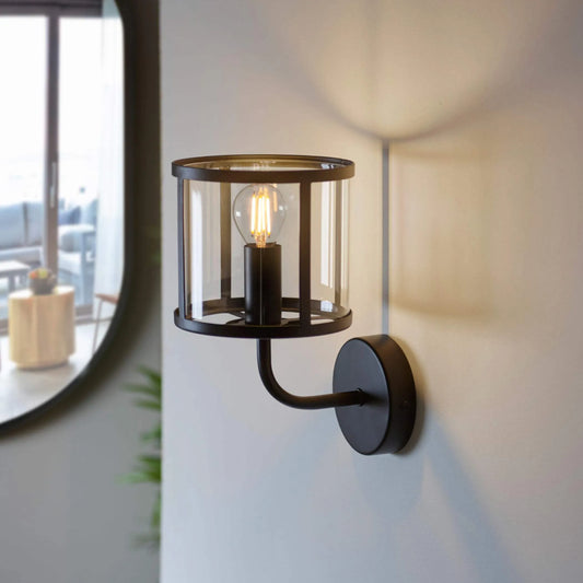 Industrial Matt Black & Glass Cylinder Wall Light - The Farthing