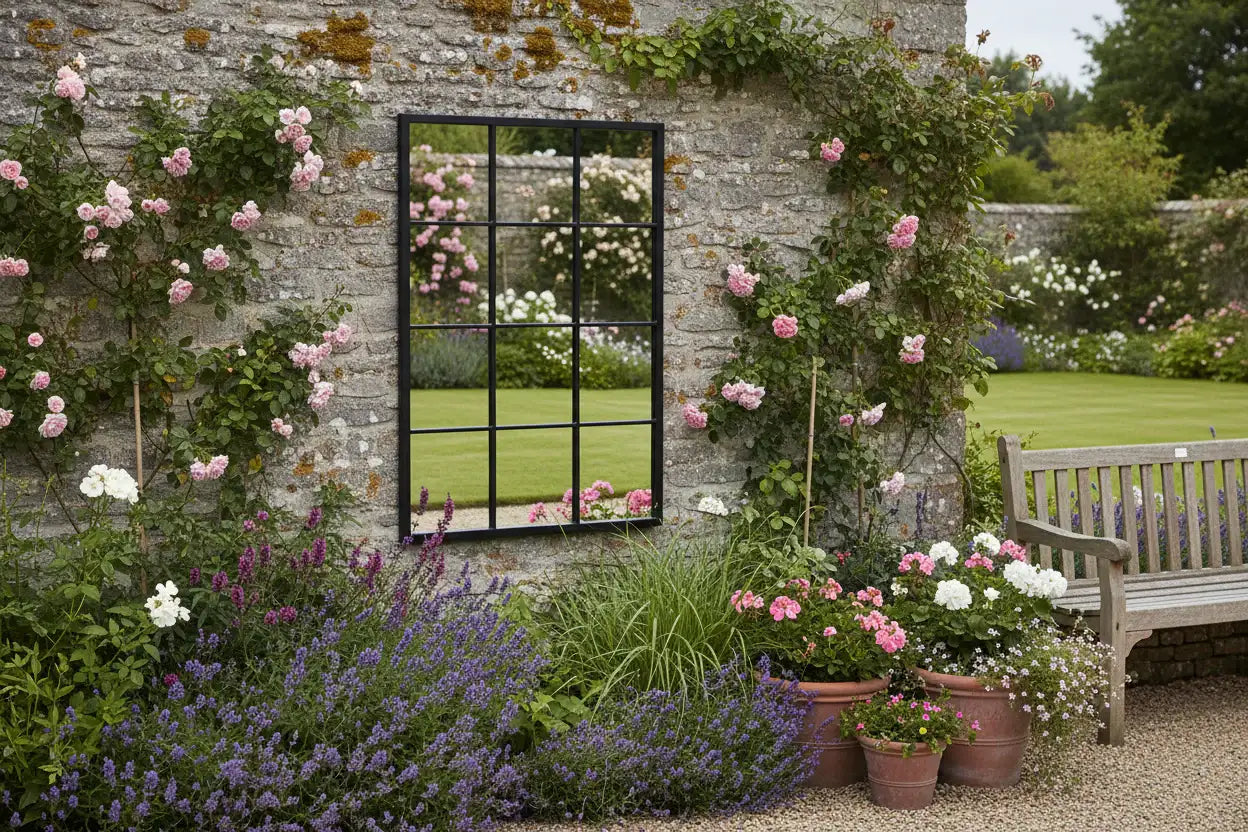 Garden scene with a brick wall, mirror, and potted plants