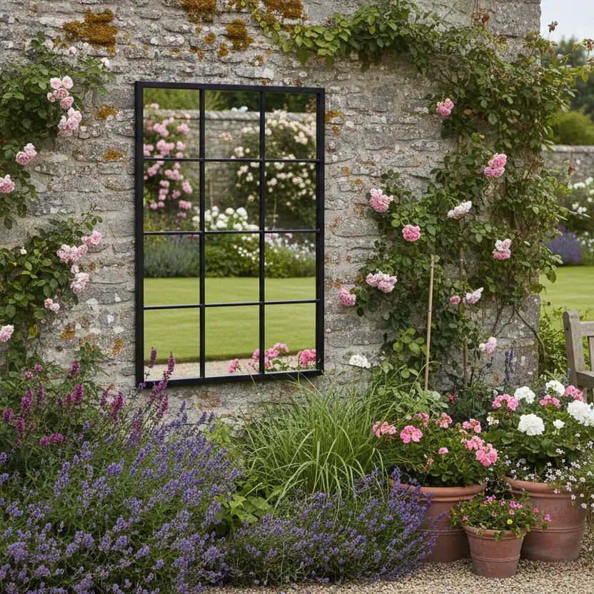 Garden scene with a stone wall, mirror, and potted plants