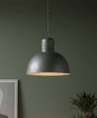 A dark gray metal pendant light with a textured dome shade hanging against a muted green wall, with a framed print and a plant partially visible in the room.