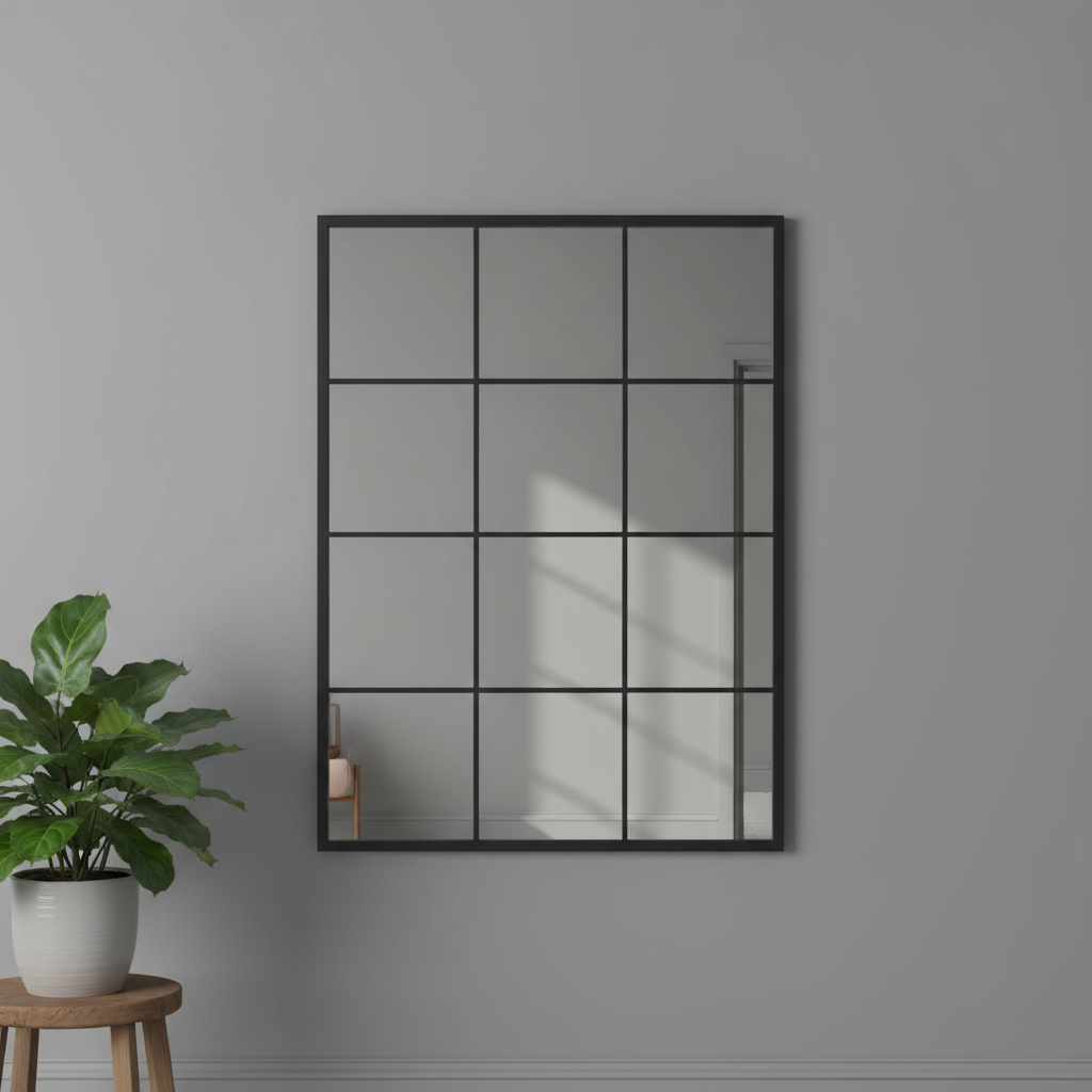 Wall mirror with grid design on a gray wall with a plant and stool in the foreground