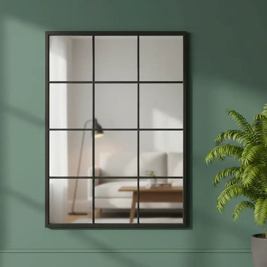 Decorative mirror with a grid design on a green wall, next to a potted plant.