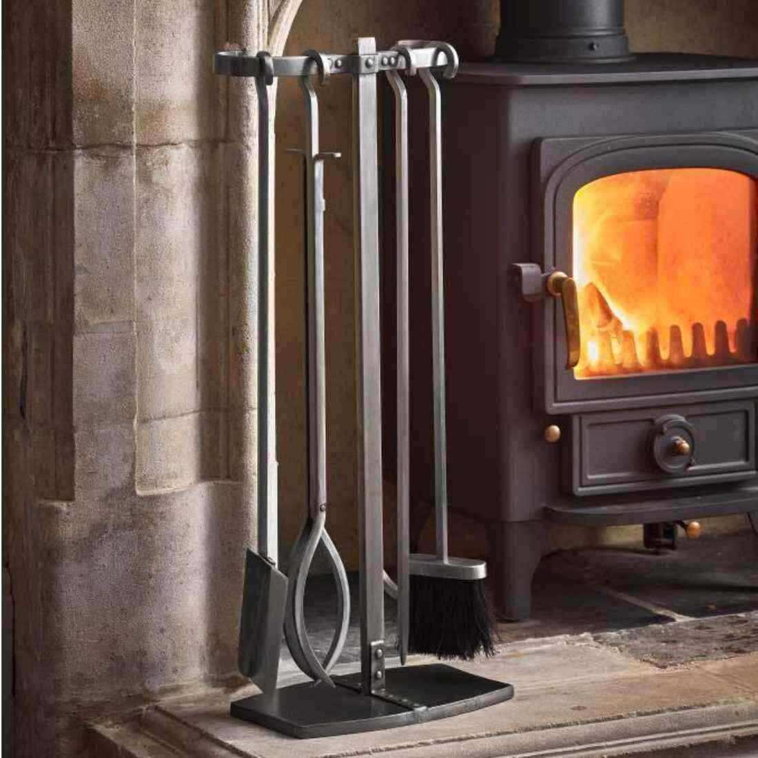 Industrial Styled Pewter Tall Fireside Companion Set - The Farthing