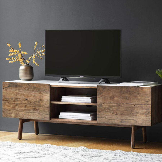 Inlaid White Marble Top Dark Wood Media Unit - The Farthing