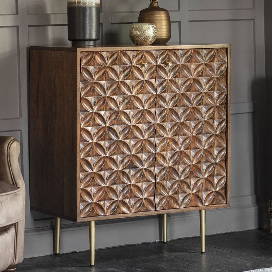 Intricate Geometric Carved Front 2 Door Wood Cabinet - The Farthing