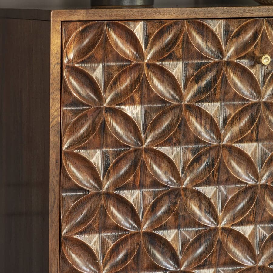 Intricate Geometric Carved Front 2 Door Wood Cabinet - The Farthing