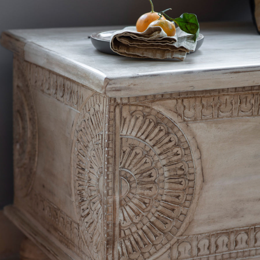 Kaas Carved Mango Wood Storage Table Bench - The Farthing