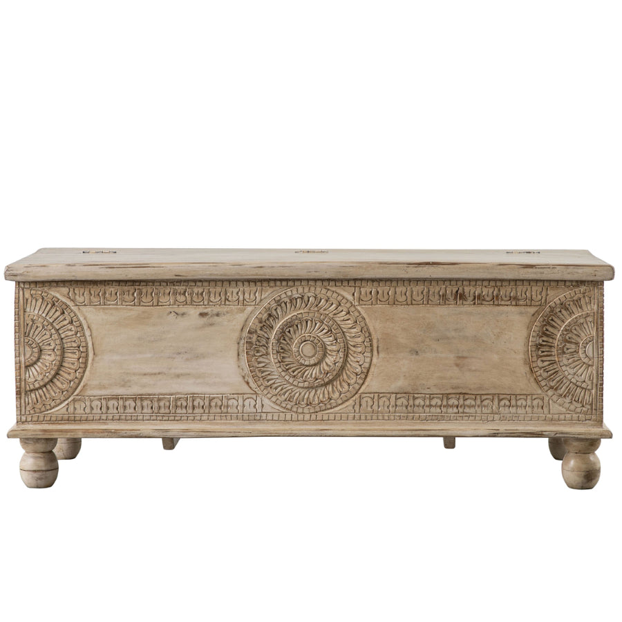 Kaas Carved Mango Wood Storage Table Bench - The Farthing