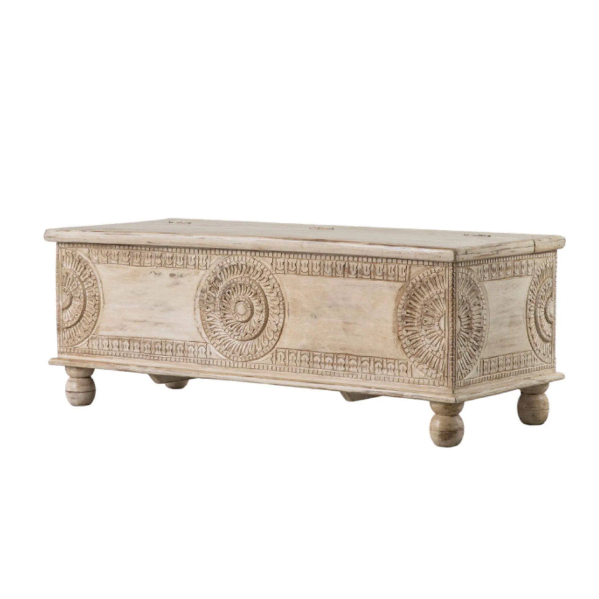 Kaas Carved Mango Wood Storage Table Bench - The Farthing