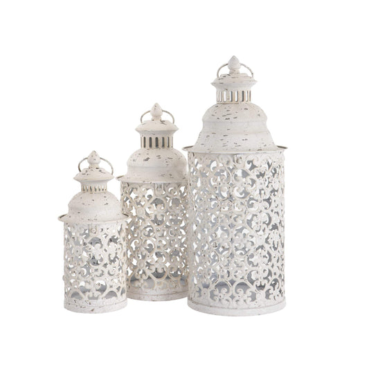 Set of Three Aged White Metal Filigree Lanterns - The Farthing