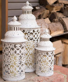 Set of Three Aged White Metal Filigree Lanterns - The Farthing