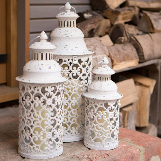 Set of Three Aged White Metal Filigree Lanterns - The Farthing