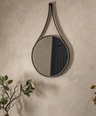 Large Aged Bronze Round Hanging Metal Strap Wall Mirror - The Farthing