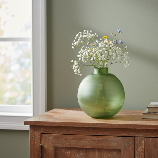 Large Green Bevelled Glass Round Vase