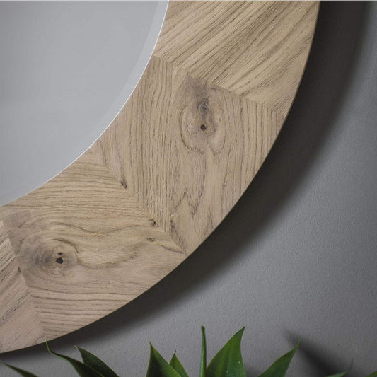 Large Oak Chevron Inlay Round Mirror - The Farthing