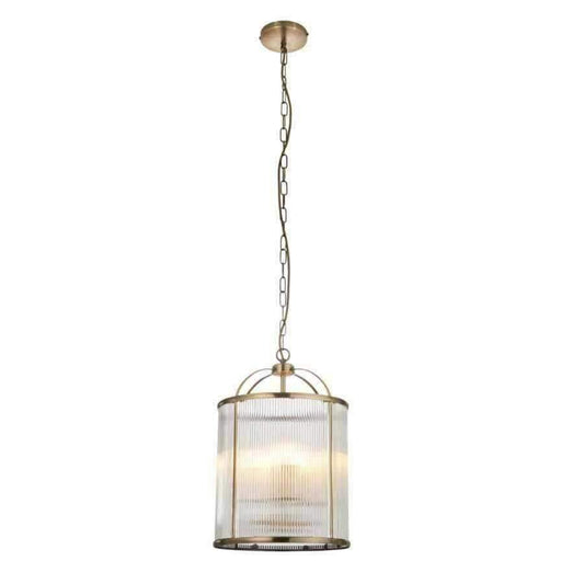 Large Ribbed Glass & Antique Brass Pendant Light - The Farthing