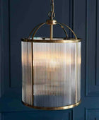 Large Ribbed Glass & Antique Brass Pendant Light - The Farthing