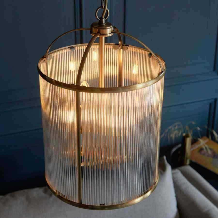 Large Ribbed Glass & Antique Brass Pendant Light - The Farthing