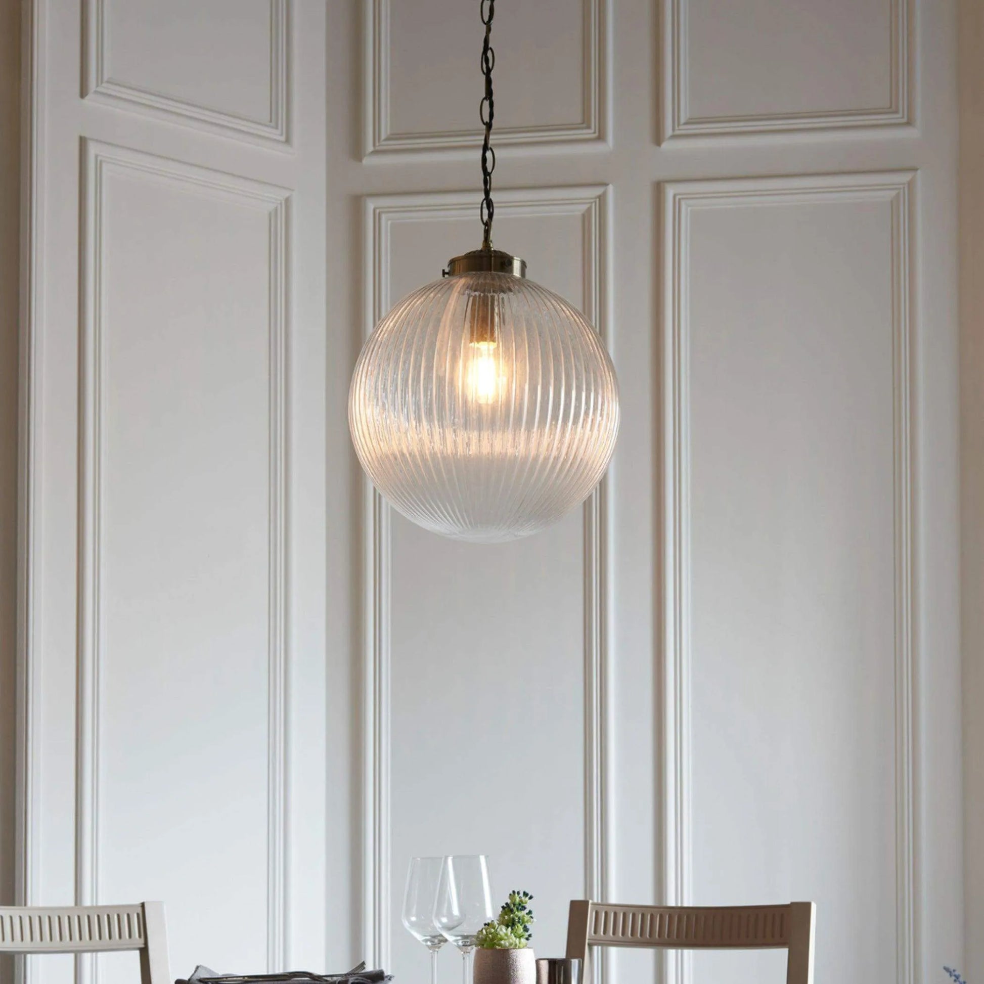 Large Ribbed Glass Globe Pendant Light - Antique brass - The Farthing