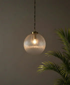 Glass pendant light with gold fixture hanging against a dark background with a plant to the right.