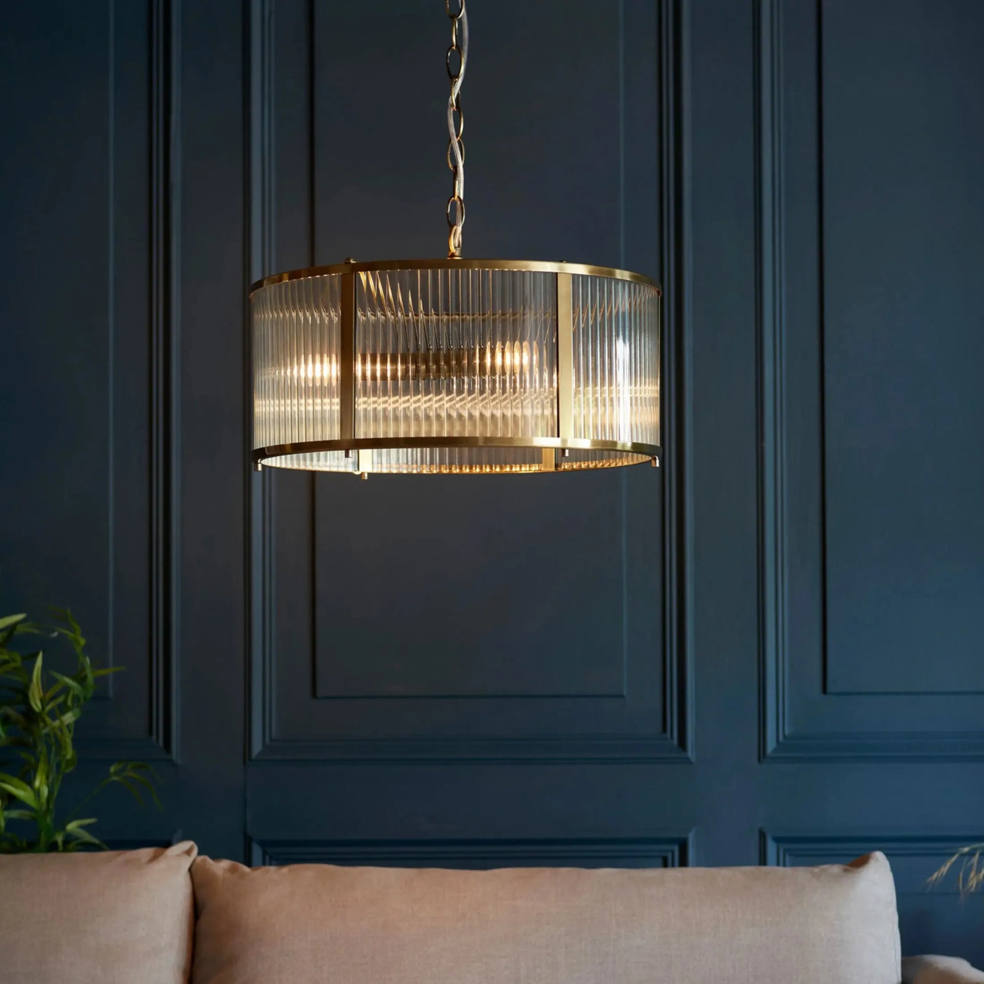 Large Round Ribbed Glass & Antique Brass Pendant Light - The Farthing