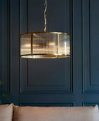 Large Round Ribbed Glass & Antique Brass Pendant Light - The Farthing