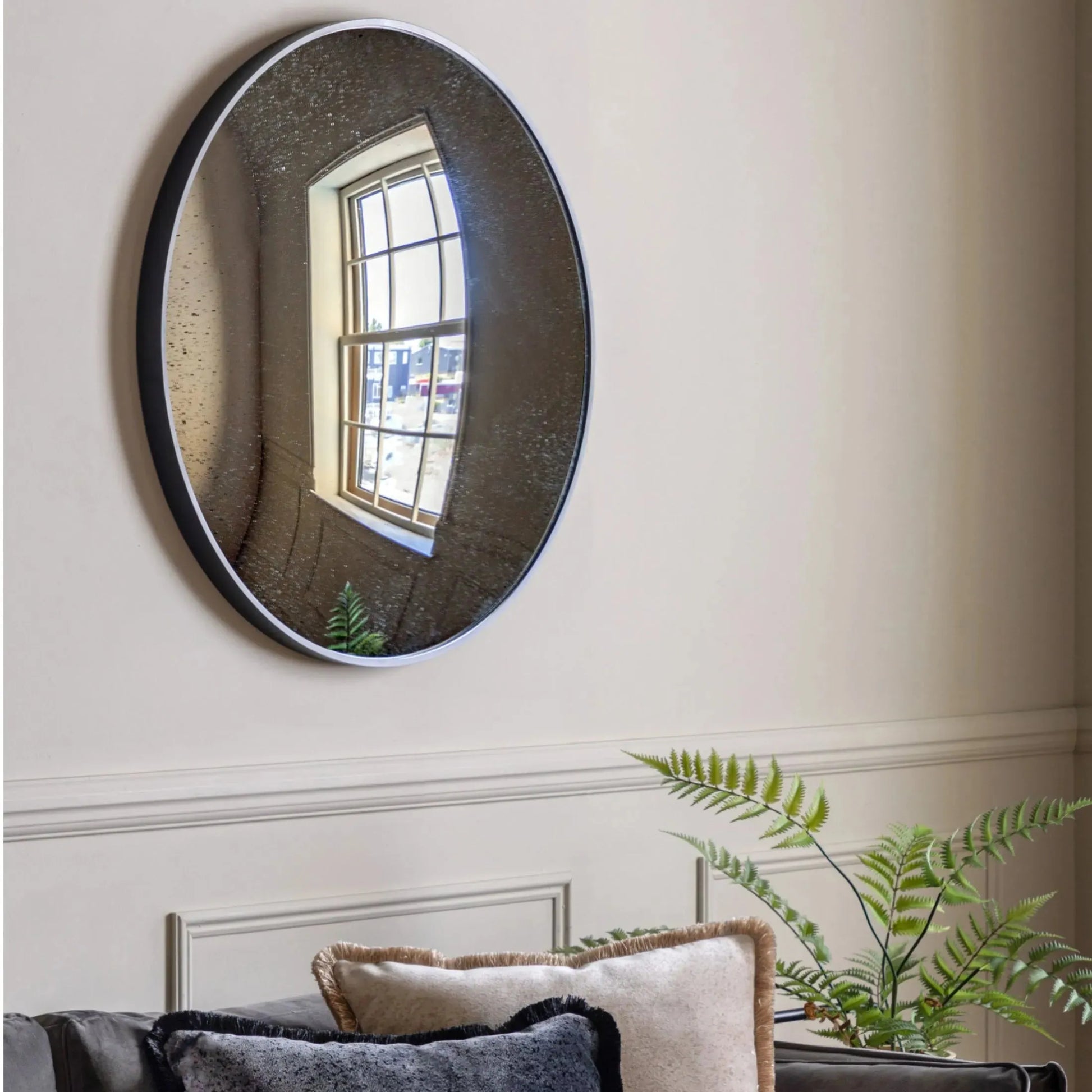 Large Slim Black Frame Antique Glass Convex Mirror - The Farthing