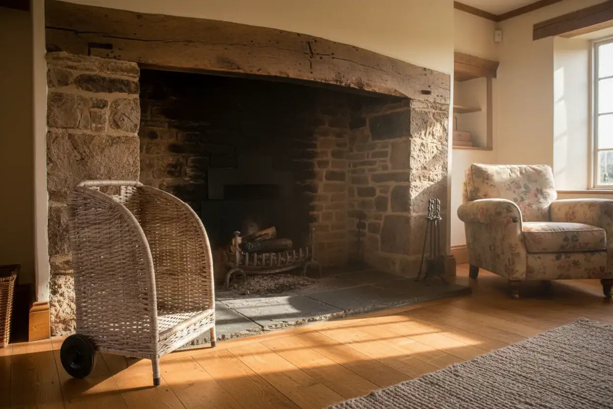 Living room with stone fireplace, wicker chair, and armchair.