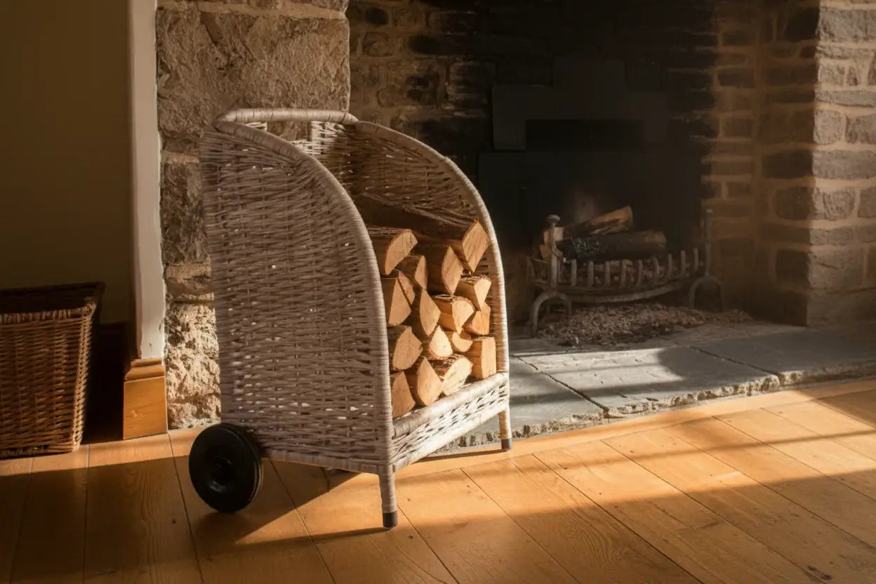 Wicker log holder with stacked firewood in front of a stone fireplace.