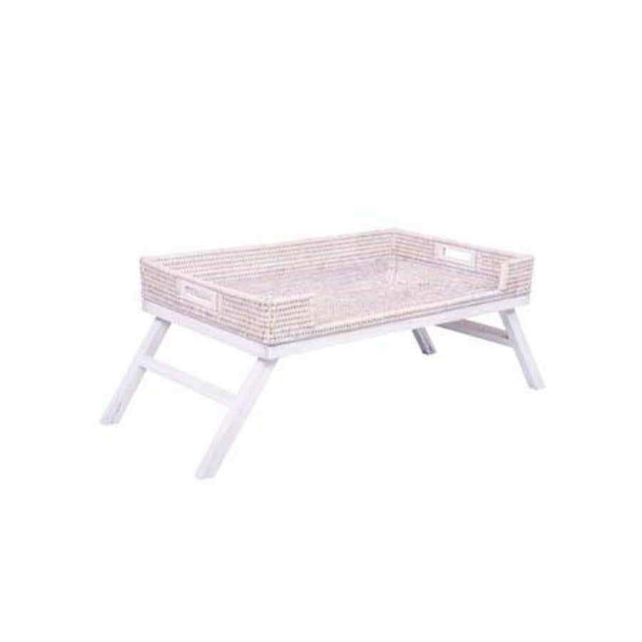 Large White Washed Woven Rattan Tray with Wood Legs - The Farthing