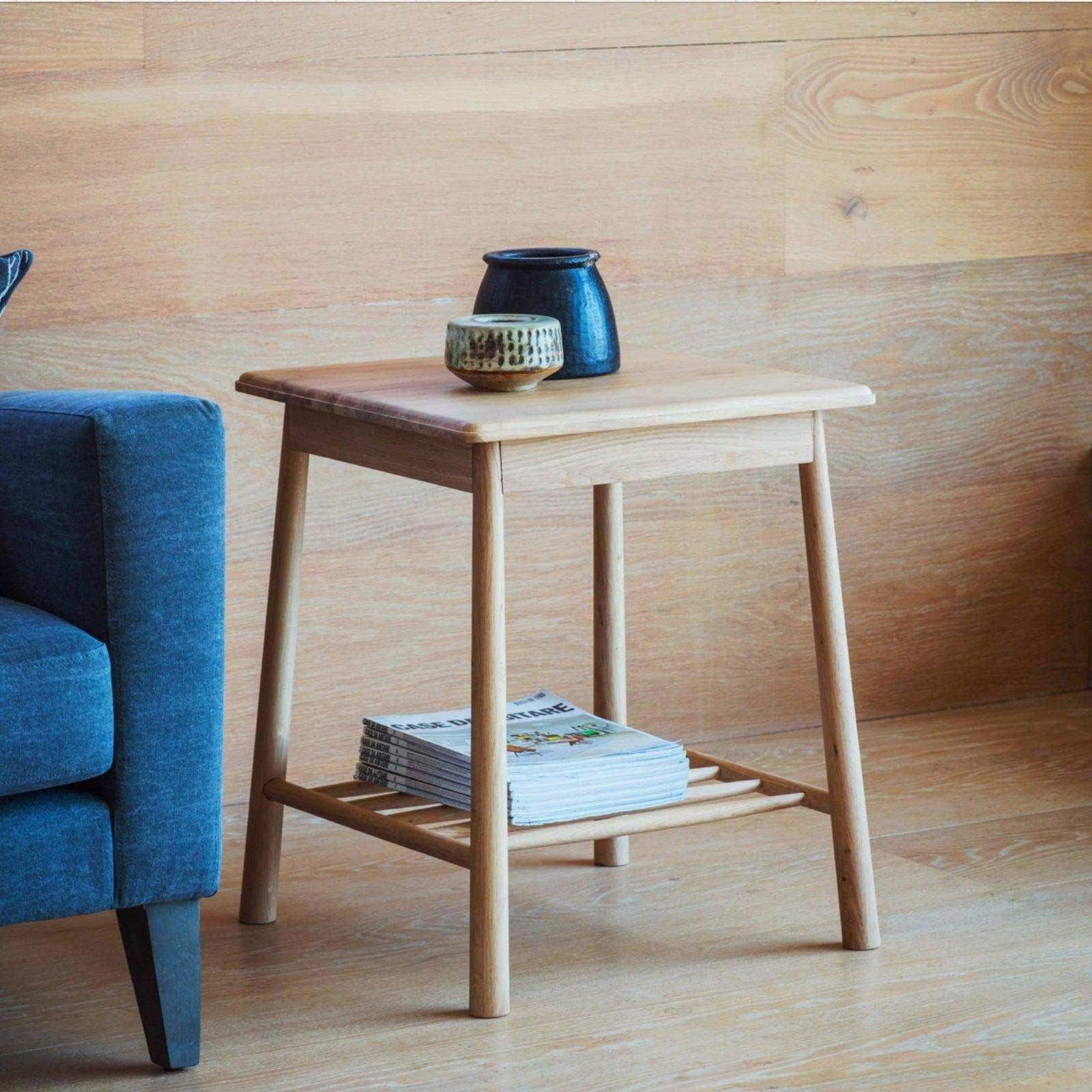 Light Oak Square Spindle Shelf Side Table - The Farthing